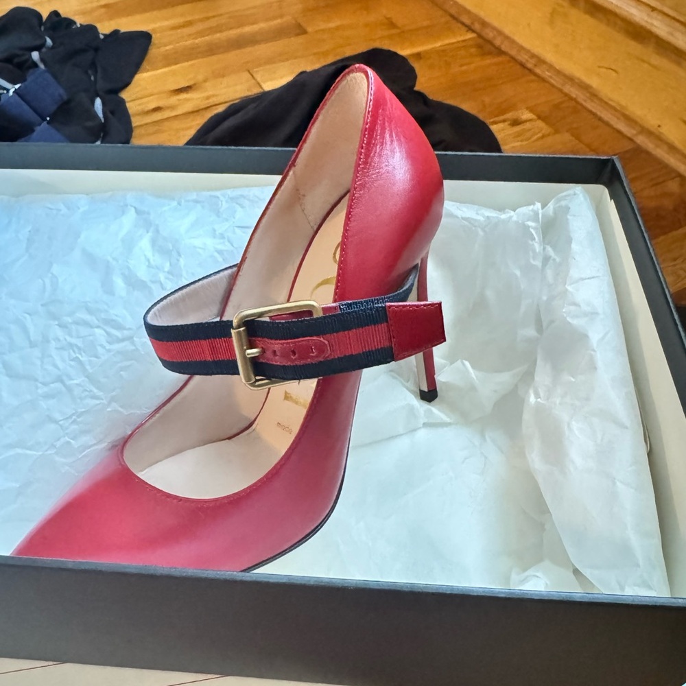 Gucci Red Stiletto Heels with Mary Jane Strap